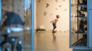 En pojke tittar på Fågelbo-installation av Marjut Järvimies i Kieppi år 2015.