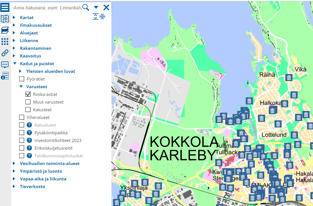 Kuvakaappaus karttapalvelun valikosta, jossa rasti kohdassa roska-astiat
