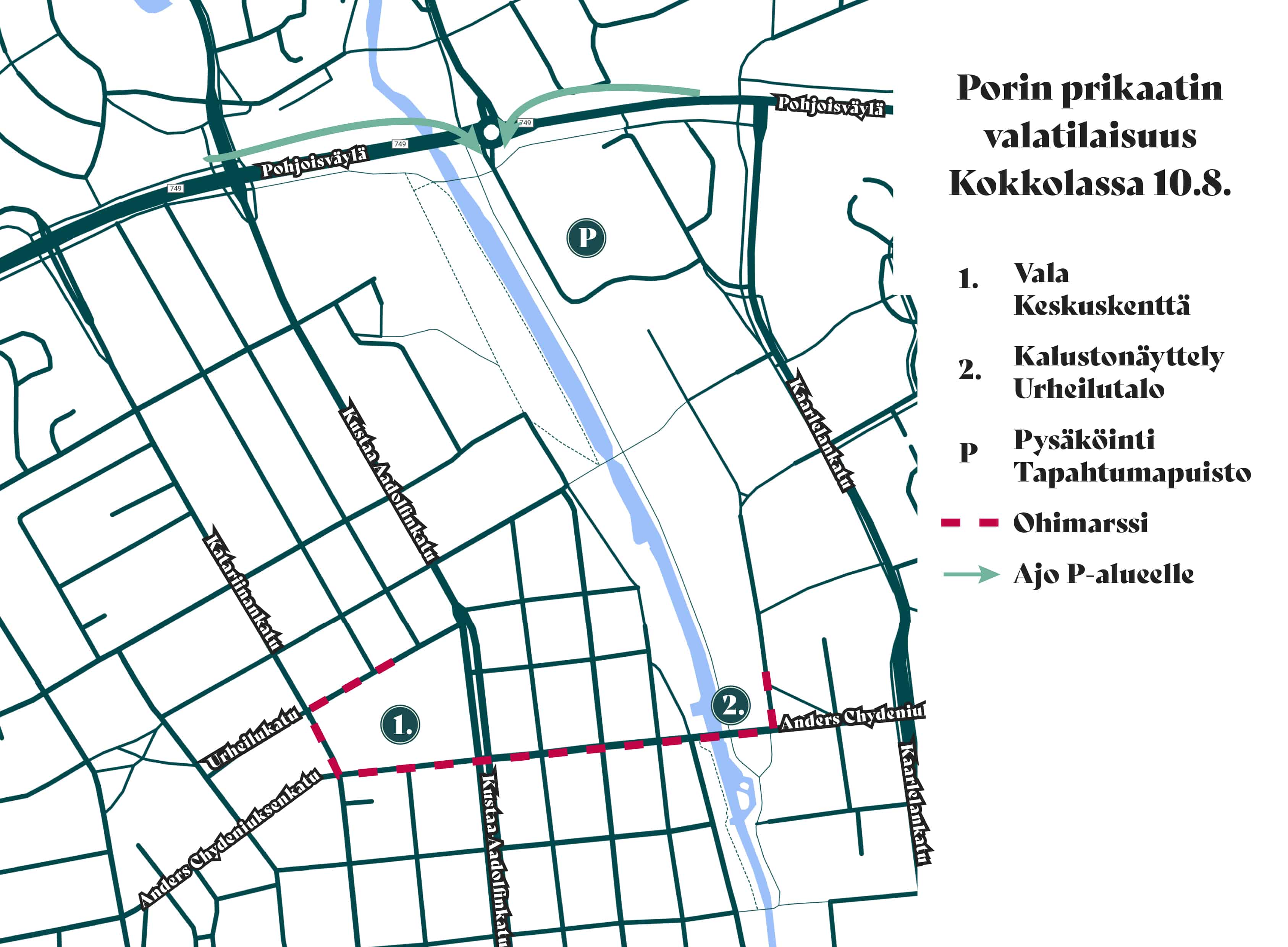 Karttakuva liikennejärjestelyistä valatilaisuuden aikana