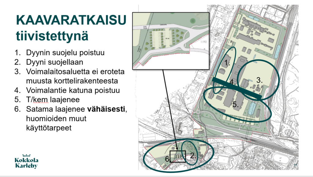 Karttakuvaan merkitty kaavaratkaisun muutoskohdat