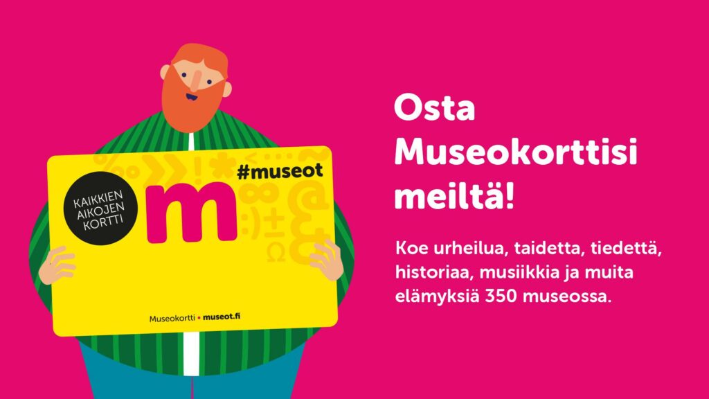 Museokortin mainos jossa kerrotaan museokortin ostamisen oleva mahdollista Roosin talon museokaupasta.