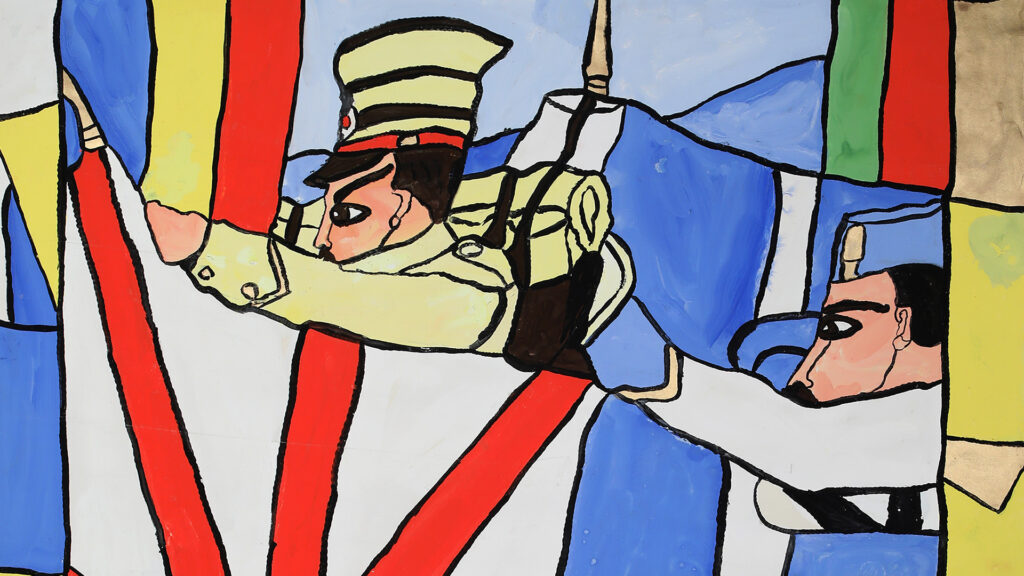 Josef Wittlich, Japanese and Greek solider in profile with their respective flags, 1970–1975. Donation by Elke and Werner Zimmer, K. H.Renlund museum. Picture: Anna Katriina Puikko